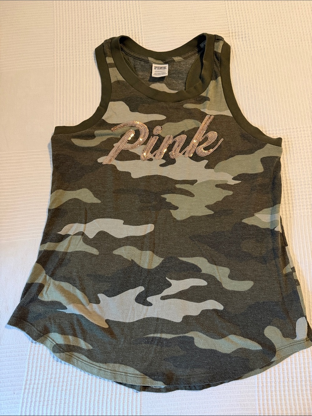 PINK Victoria's Secret Olive Green Camo Tank with Rhinestone Logo